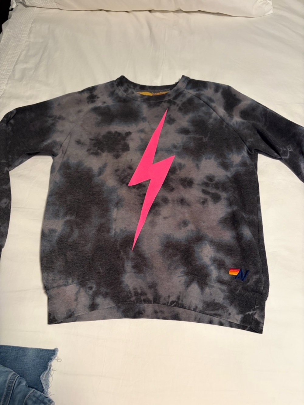 Aviator Nation Black Tie-Dye Sweatshirt with Pink Lightning Bolt